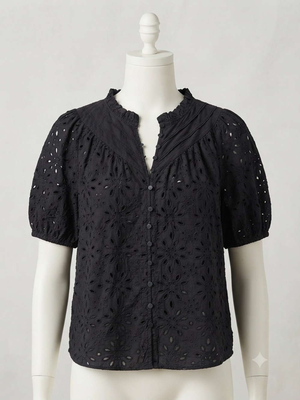 BTFBM Black Eyelet Button-Front Ruffle neck Blouse, puff sleeves size XXL